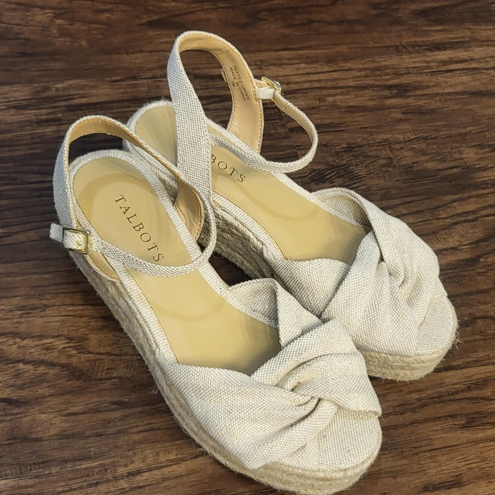 Talbots Natalie Twist Open Toe Canvas Espadrille Strappy Wedge Sandals Size 7